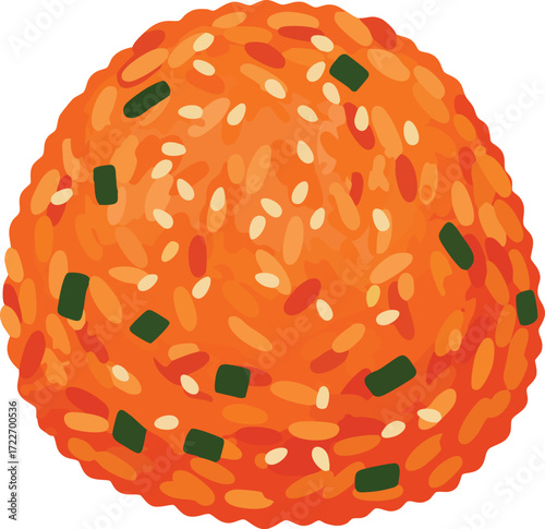 A vibrant orange rice ball, garnished with white sesame seeds and green specks, showcasing a delicious and savory Asian snack.