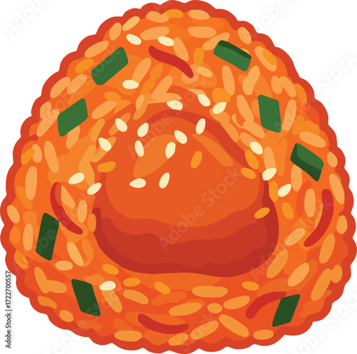 Kimchi fried rice ball with sesame seeds and green onions.