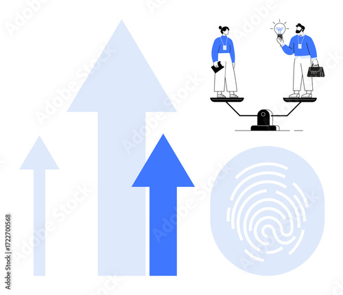 Two professionals balancing ideas and resources on a seesaw with upward arrows and a fingerprint. Ideal for teamwork, balance, progress, innovation, leadership, strategy, personal identity. Simple