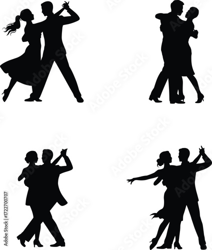Ballroom dance silhouettes, dancing couples, formal attire, elegant movement, social dance, rhythm and grace, romantic art, performance illustration, partner connection, celebration