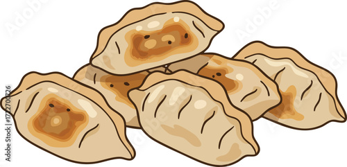 A pile of six golden-brown pan-fried dumplings with crimped edges and visible filling.