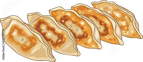 Illustration of five golden-brown pan-fried gyoza dumplings in a row, showcasing their crispy texture.