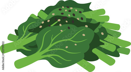 A healthy dish of cooked leafy greens, possibly spinach or bok choy, garnished with black and white sesame seeds.
