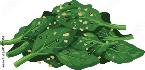 Vibrant illustration of a pile of fresh green spinach leaves, seasoned with sesame seeds and black pepper, ready for cooking.