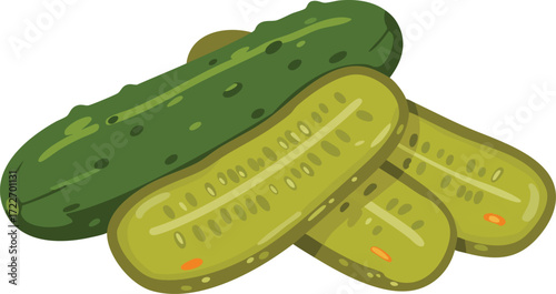 A whole pickle and two pickle slices.