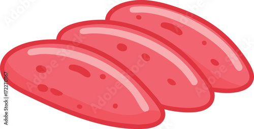 A simple vector illustration of three pink, oval-shaped slices of processed meat, possibly sausage.