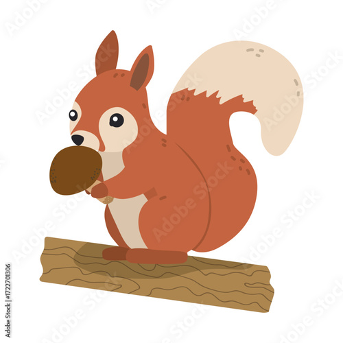 Adorable vector illustration of a squirrel holding a mushroom while standing on a log. Perfect for wildlife lovers and nature-themed designs, showcasing the charm of squirrels.
