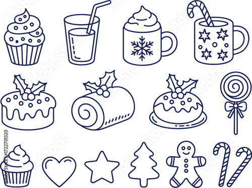 Festive holiday treats and symbols, perfect for Christmas celebrations and seasonal designs.