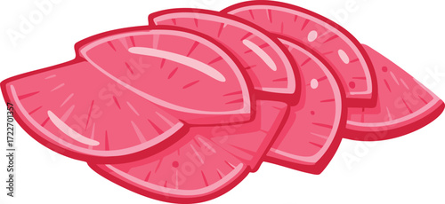 Stacked slices of pink radish, likely pickled or prepared as a condiment.