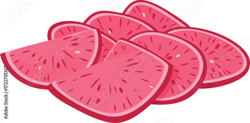 Close-up of vibrant pink radish slices.