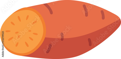 A simple flat illustration of a sweet potato, cut to show its vibrant orange interior, against a clean white background.