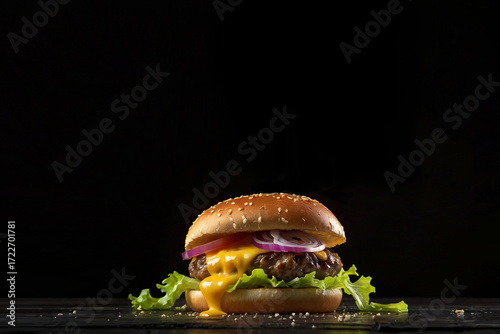 The cheese burger is melting. Fresh and delicious with onions and lettuce.Dark background