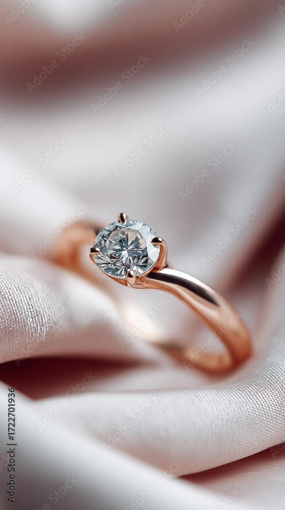 Obraz premium Elegant diamond engagement ring with rose gold band on pink fabric background. 