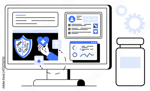 Desktop screen displays health data, insurance shield, medication, graphs, and profiles. Ideal for healthcare, telemedicine, health tech insurance wellness data medical education. Simple flat