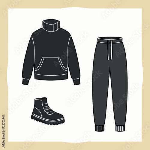Black Colour cozy outfit Vector Illustration, Solid White Background (1).eps