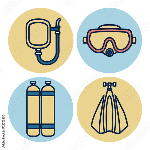 Snorkel & Dive Mask Icons, Underwater Adventure Gear Vector Set (1).eps