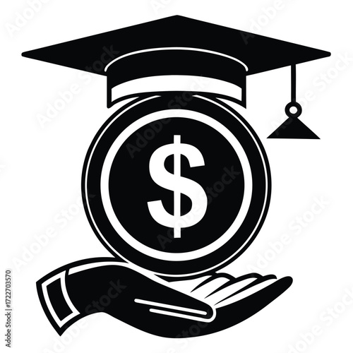 Graduation cap on coin with dollar sign held in hand