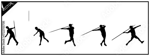 Silhouette of five javelin thrower poses. Vector illustration of athletic sports.