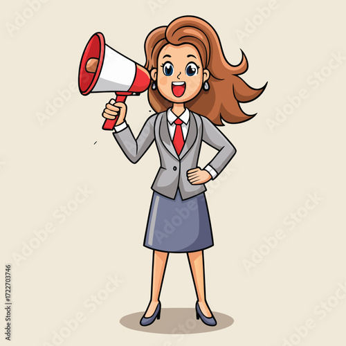 Cartoon woman in business suit holding a megaphone and announcing something loudly