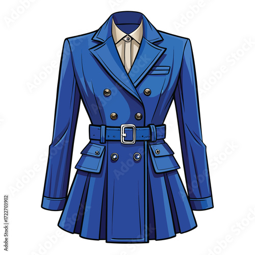Stylish blue doublebreasted trench coat with belt