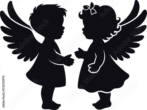 Two angelic children reaching out to each other with wings spread in a loving gesture.