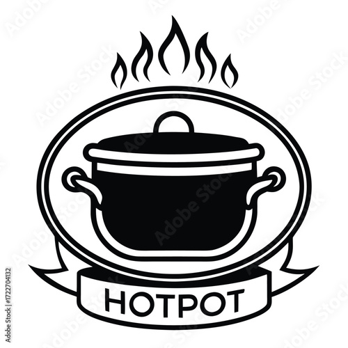 Black and white illustration of a hot pot with flames and the word hotpot on a banner