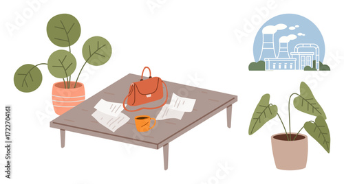 Table with scattered documents, bag, and coffee cup, framed by potted plants industrial buildings in the background. Ideal for work-life balance, productivity, environment, sustainability, study
