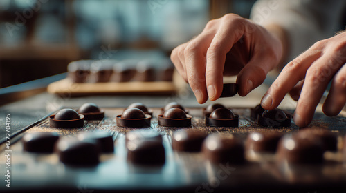 A person placing a chocolate piece onto a tray with other chocolates in a kitchen setting