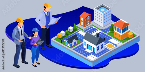 An isometric 3d illustration shows people around the world near a city business building featuring the flag of Israel and the flag of South Korea.