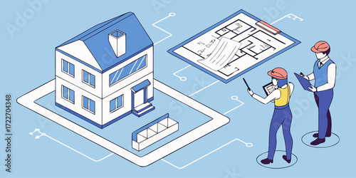 Isometric Architects and Engineers Working on Blueprints and 3D House Models.