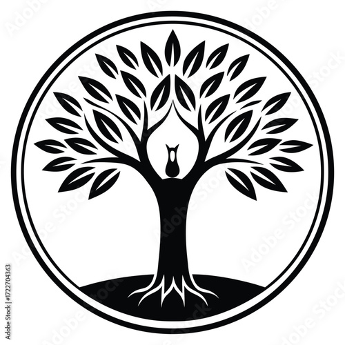Black and white tree of life logo with roots and branches inside a circle