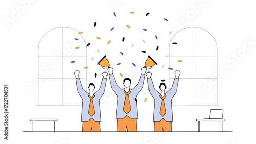 Three business people celebrating with confetti and party blowers