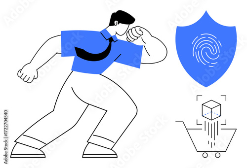 Person flexing metaphorical strength next to shield with fingerprint, shopping cart, and tech cube representation. Ideal for cybersecurity, e-commerce, trust, identity protection, innovation, digital