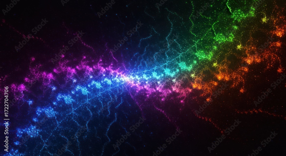 Fototapeta premium A vibrant, colorful, abstract background featuring a rainbow of hues with a star-like pattern and a dark, almost black, background.