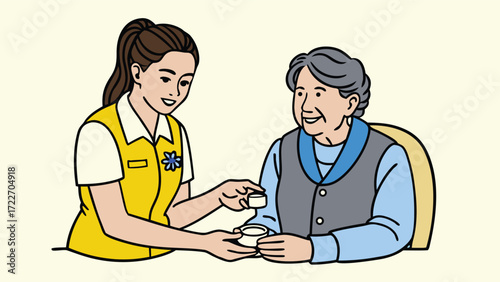 A caregiver offers a cup of tea to an elderly woman in a warm and caring gesture