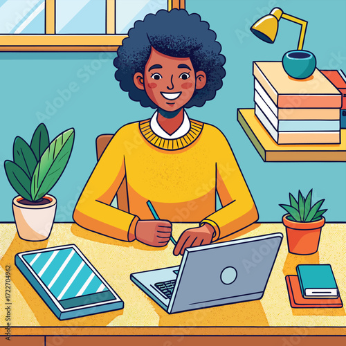 Young woman with afro hair smiling while working on a laptop at a desk