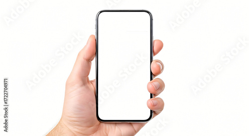 Hand holding modern smartphone with blank white screen isolated on white background mockup for app interface or advertising