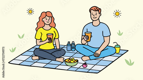 Couple enjoying a picnic in the park on a sunny day with drinks and snacks