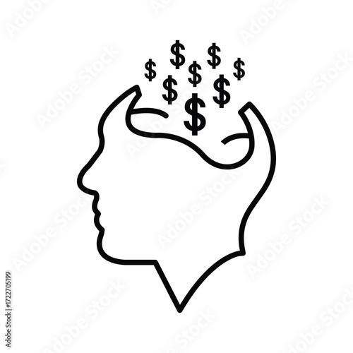Person with dollar icon. man head Businessman with money sign. Circle icon of human silhouette profile with dollar sign in head.