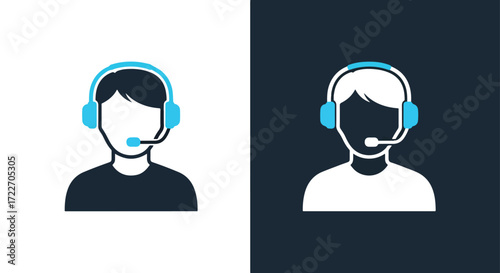 Gamer or support person icon set with headphones and microphone