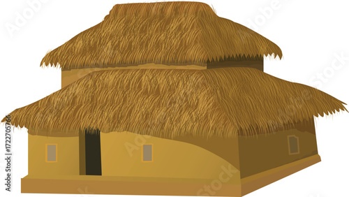 This vector illustration depicts a traditional rural house featuring a thatched straw roof and simple yellow walls. The house has multiple windows with wooden bars and a partial brick wall visible 