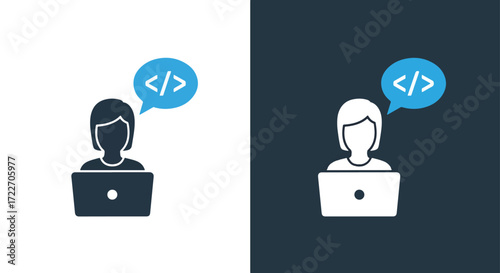 Person coding on laptop with speech bubble icon showing code symbol for programming and development