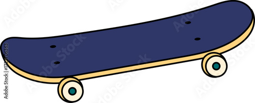 A dark blue skateboard with yellow edges and wheels