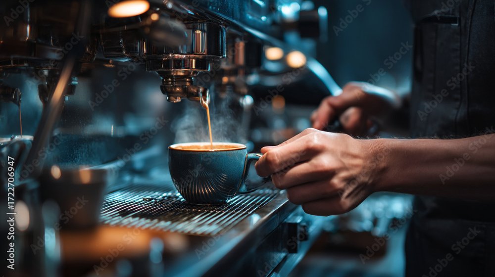 Naklejka premium Close up of espresso pouring into blue cup from professional coffee machine at cafe