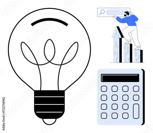 Lightbulb, person climbing bar charts, and calculator emphasize creativity, growth, ideas, finance, and analysis. Ideal for business insight, innovation strategy productivity education startup