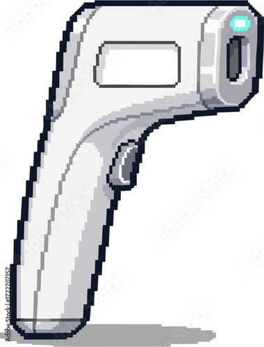Pixelated illustration of a non-contact forehead thermometer.
