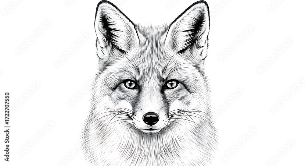 Fototapeta premium Realistic Pencil Sketch of a Fox Head Front View Black and White on White Background