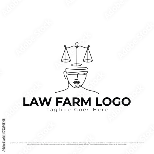 Minimalist law firm logo with lady justice scales line art, legal services brand identity vector