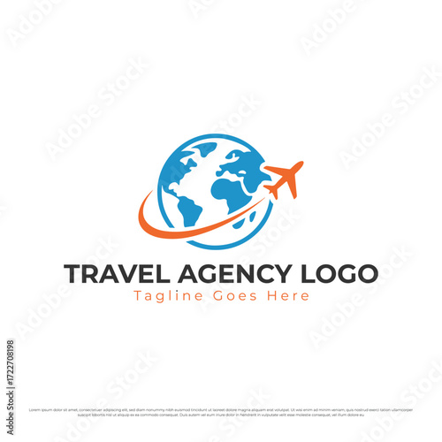 Modern travel agency logo with airplane circling globe, tourism brand identity vector design