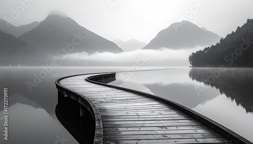 Serene, winding boardwalk path across a misty lake, mountains beyond